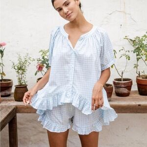 Piyama Light Blue Gingham Ruffle Pajama Set - Women’s Sleepwear - Medium